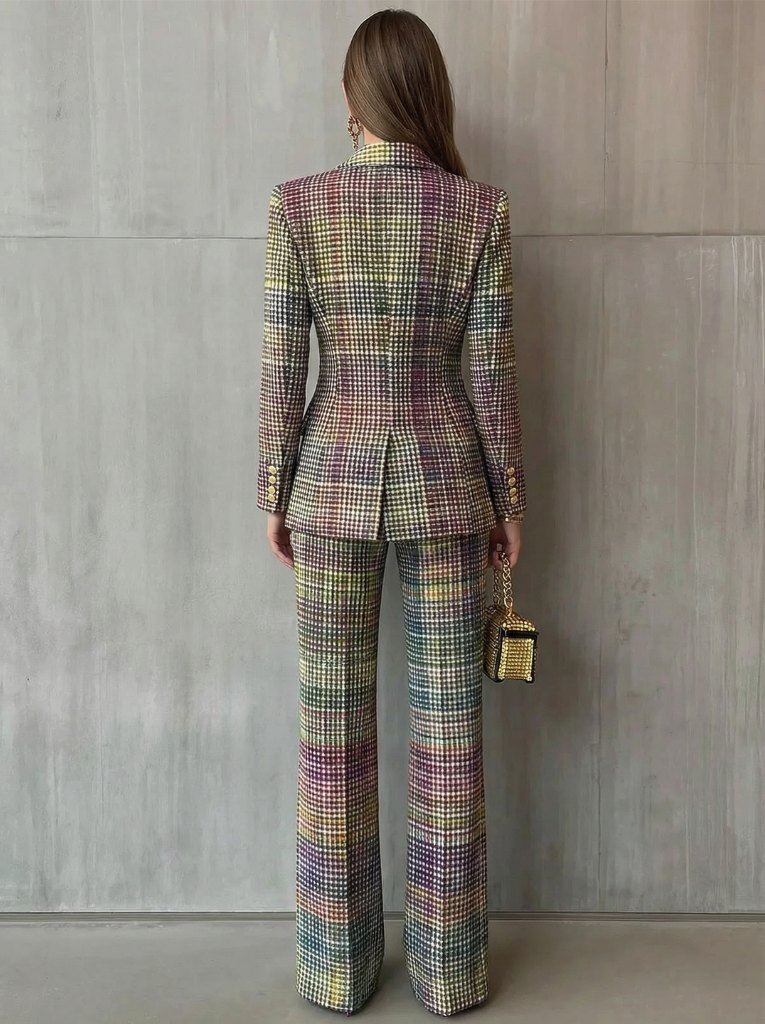 Multicolour Plaid Double Breasted Blazer Wide Leg Two Piece Set