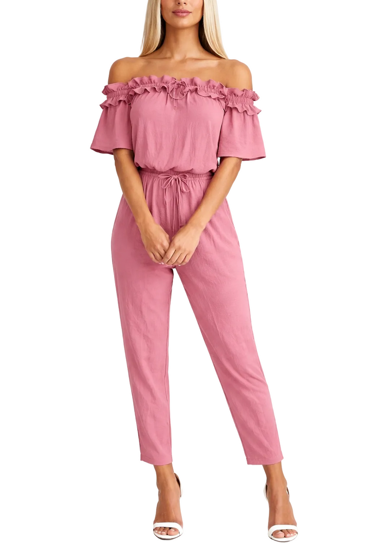 Ruffle Off Shoulder Drawstring Waist Casual Linen Jumpsuit