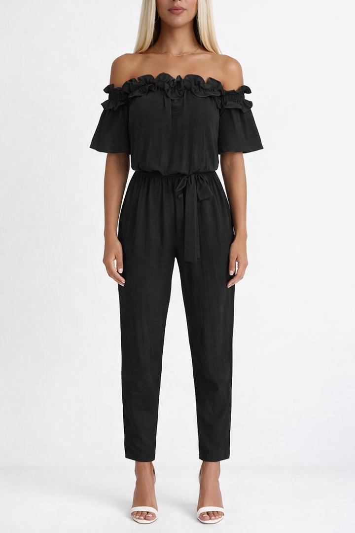 Ruffle Off Shoulder Drawstring Waist Casual Linen Jumpsuit