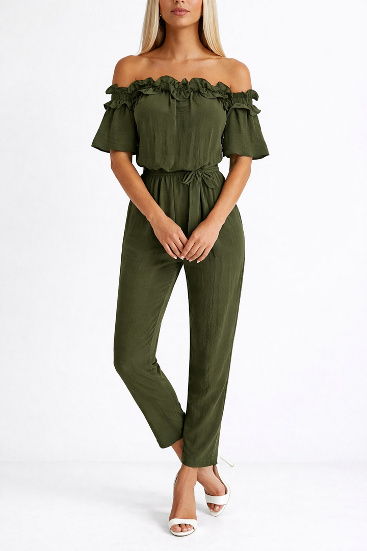 Ruffle Off Shoulder Drawstring Waist Casual Linen Jumpsuit