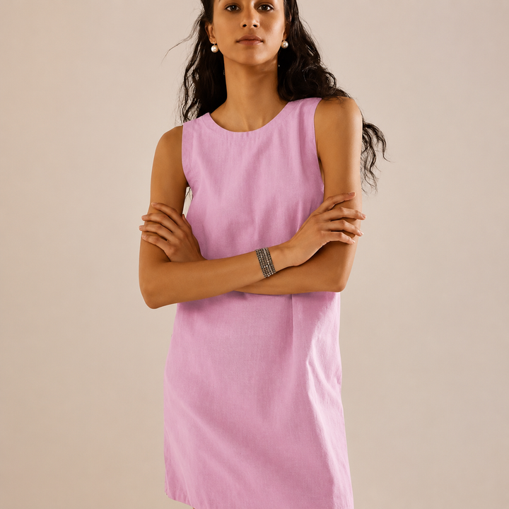 Round Neck Sleeveless Shift Linen Mini Dress