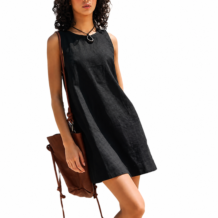 Round Neck Sleeveless Shift Linen Mini Dress