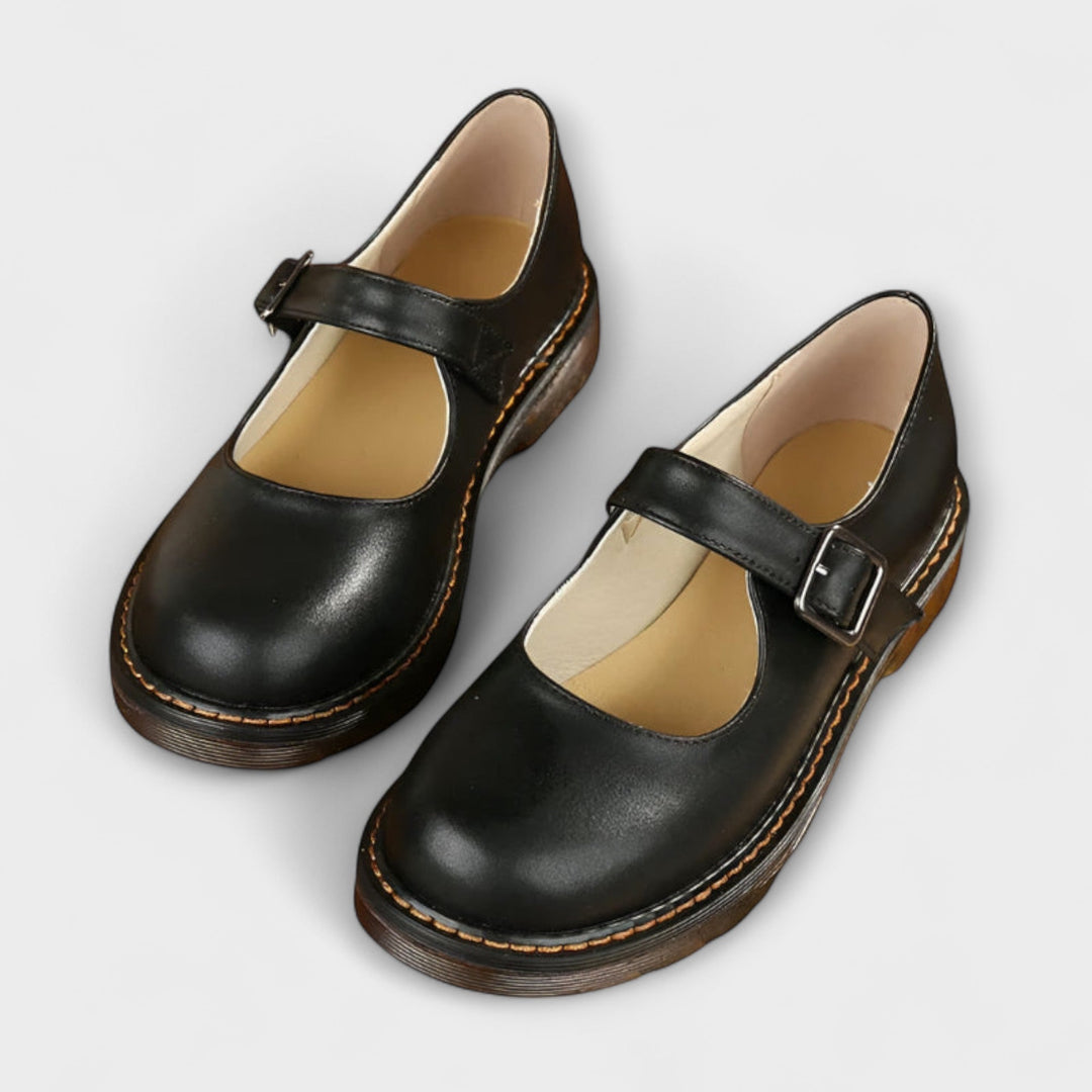 Leather Buckle Strap Mary Jane Chunky Sole Flat
