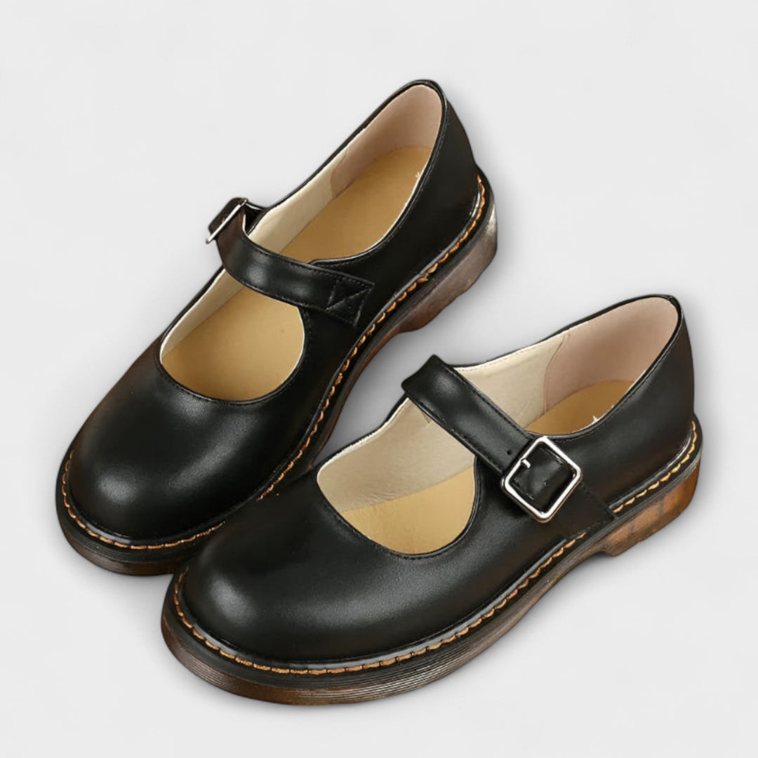 Leather Buckle Strap Mary Jane Chunky Sole Flat