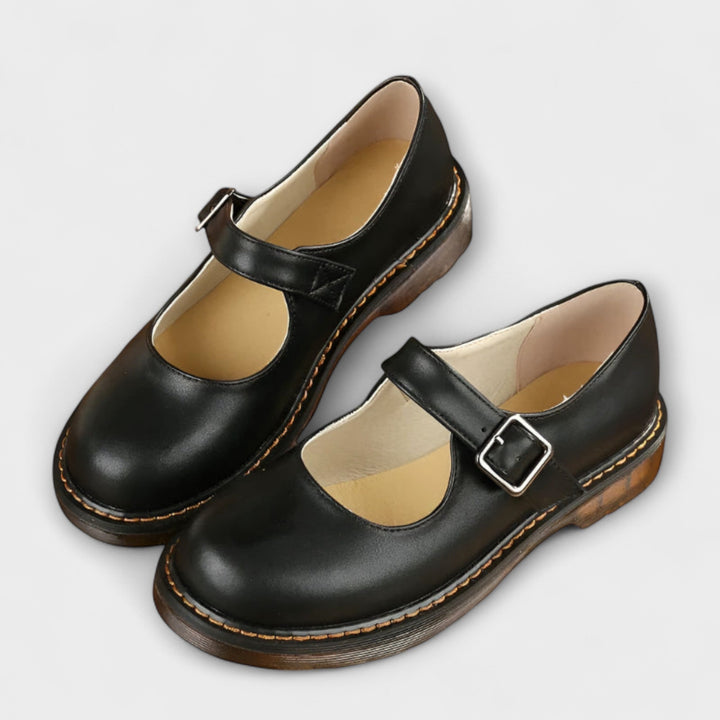 Leather Buckle Strap Mary Jane Chunky Sole Flat