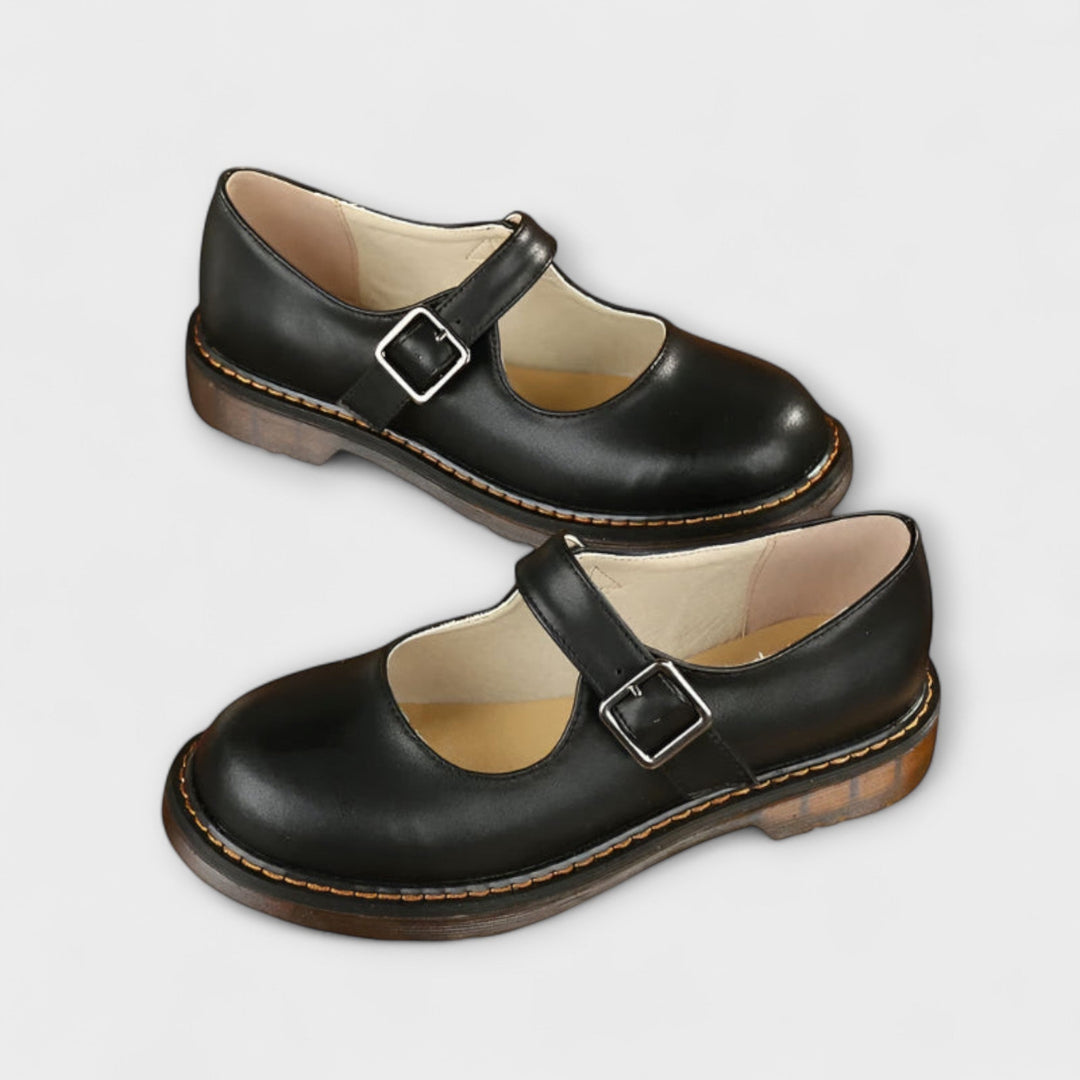 Leather Buckle Strap Mary Jane Chunky Sole Flat