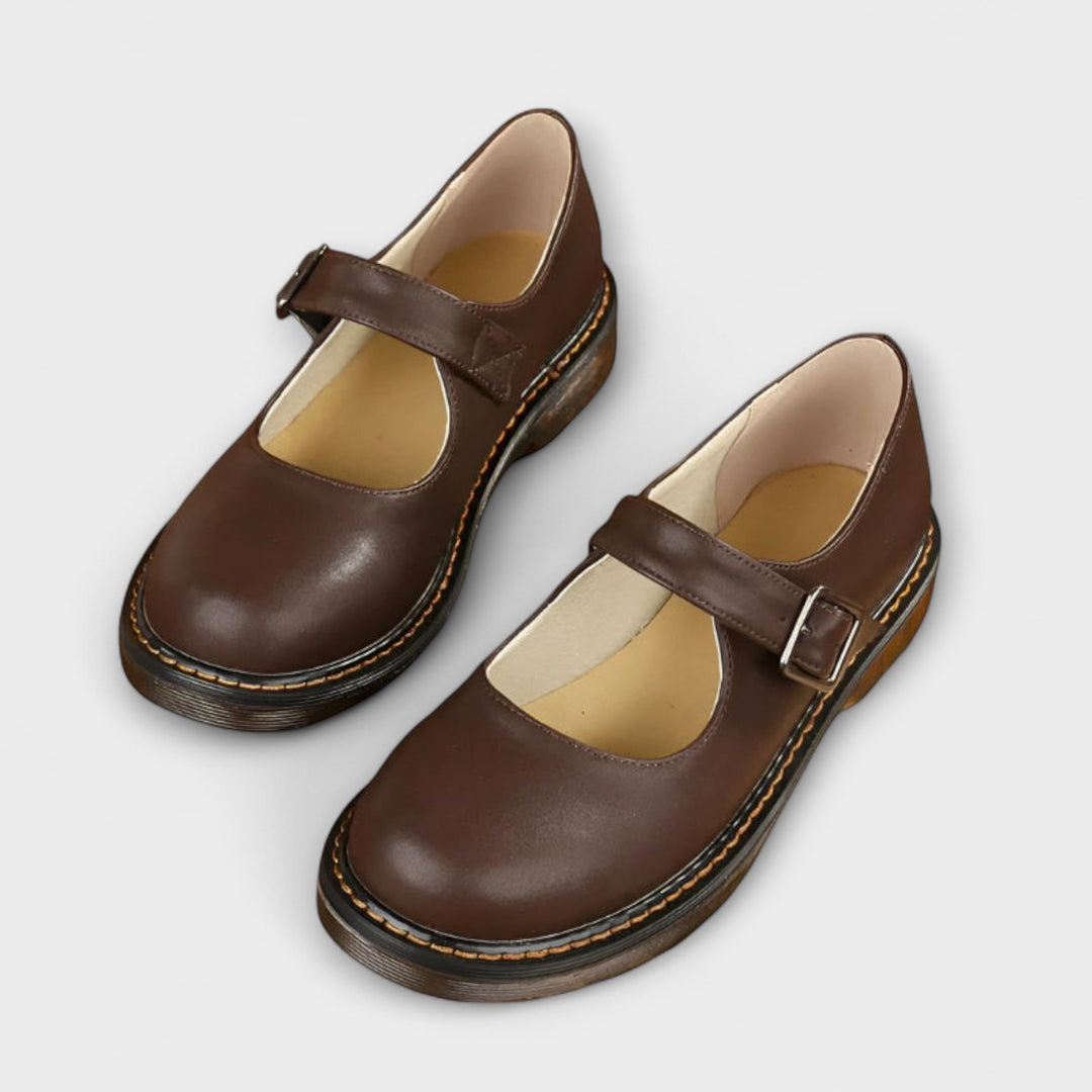 Leather Buckle Strap Mary Jane Chunky Sole Flat