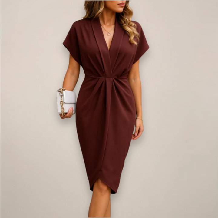 Twist Knot Front V Neck Short Sleeve Bodycon Midi Dress
