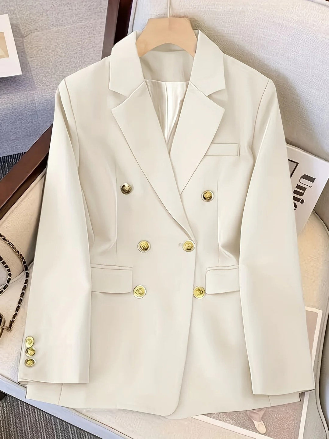 Gold Button Double Breasted Notch Lapel Tailored Blazer