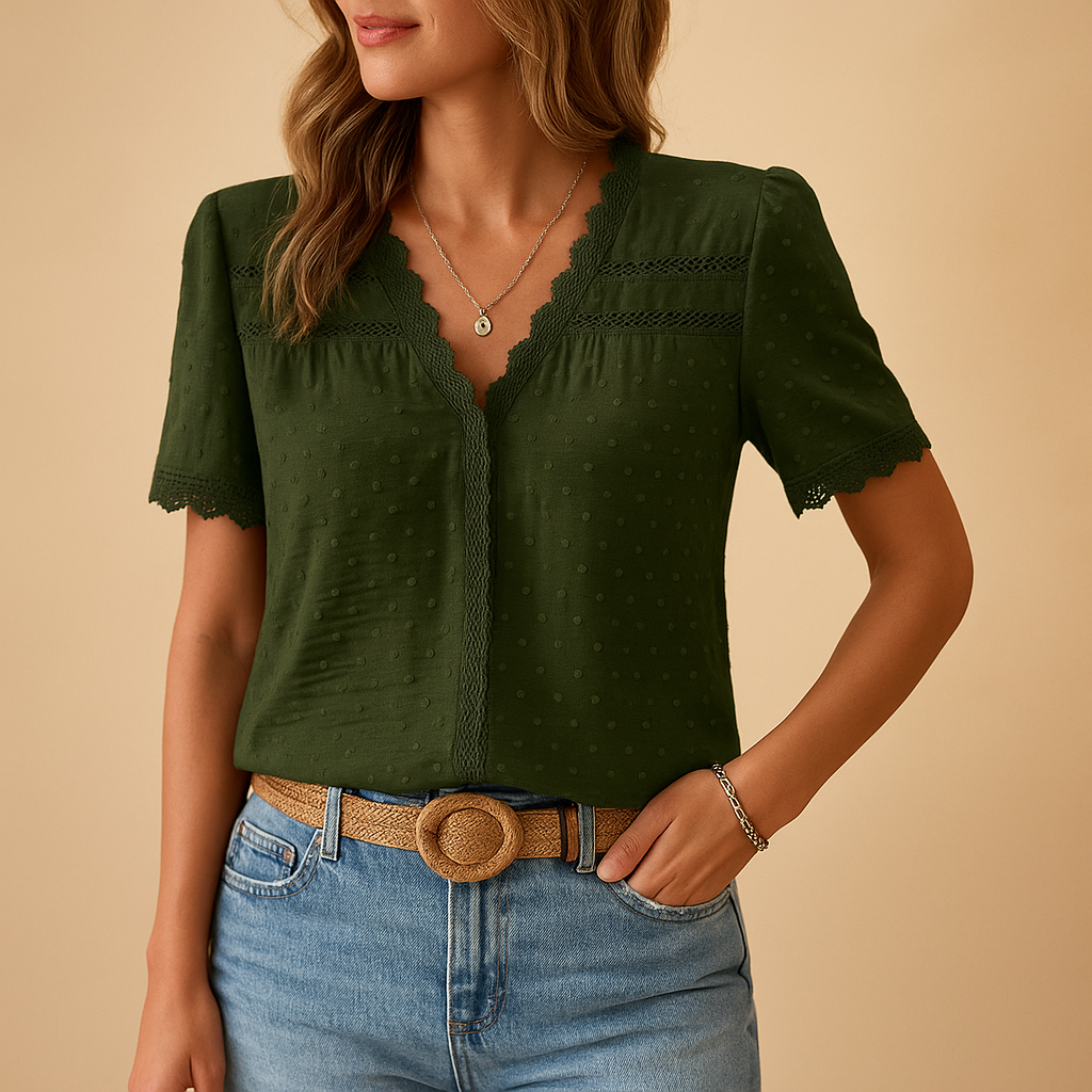 Swiss Dot Lace Trim V Neck Short Sleeve Summer Blouse