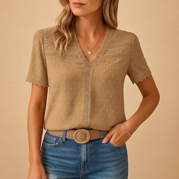 Swiss Dot Lace Trim V Neck Short Sleeve Summer Blouse