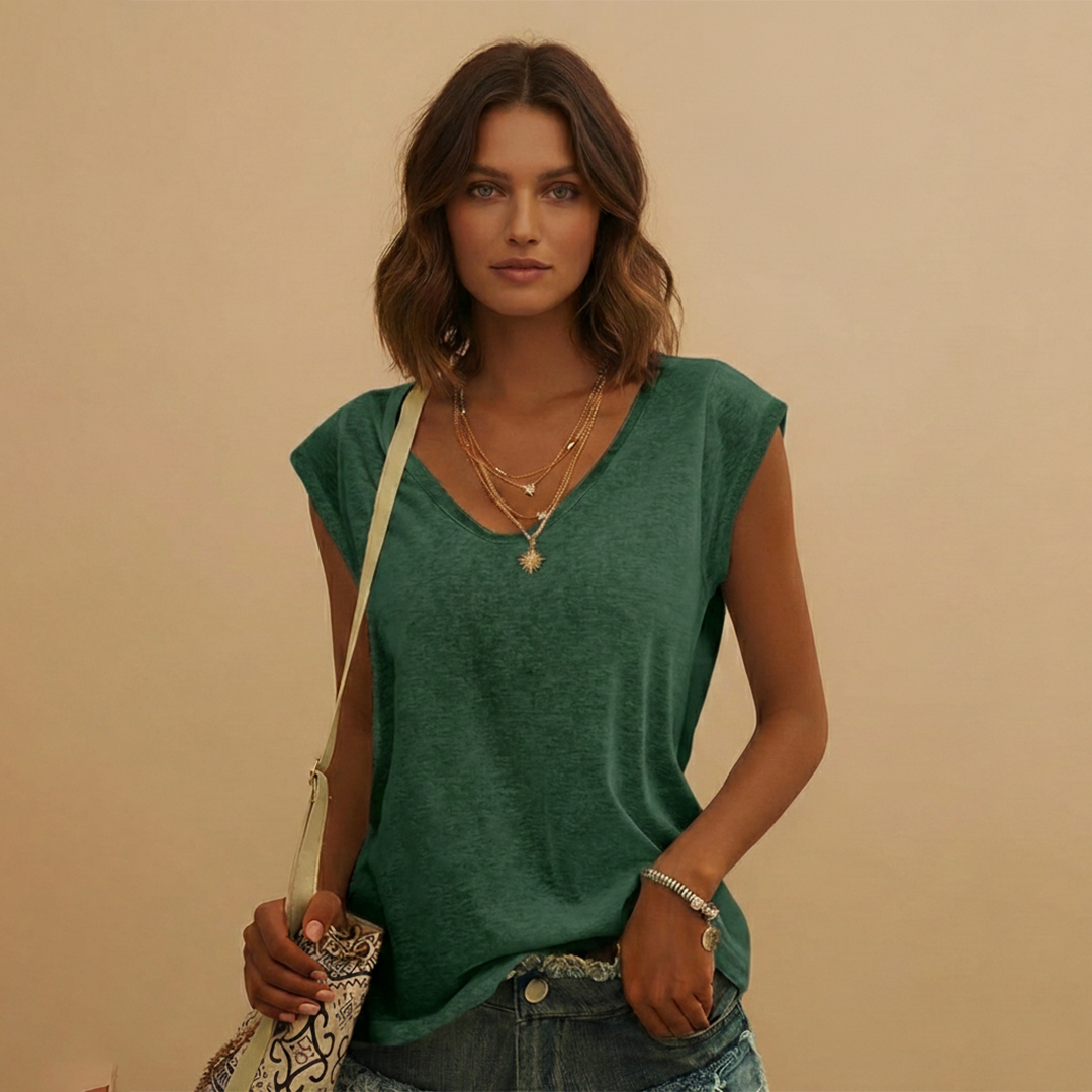 V Neck Cap Sleeve Relaxed Fit Linen Sleeveless Top