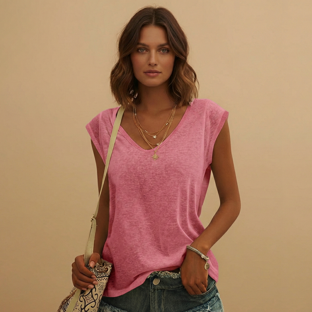 V Neck Cap Sleeve Relaxed Fit Linen Sleeveless Top