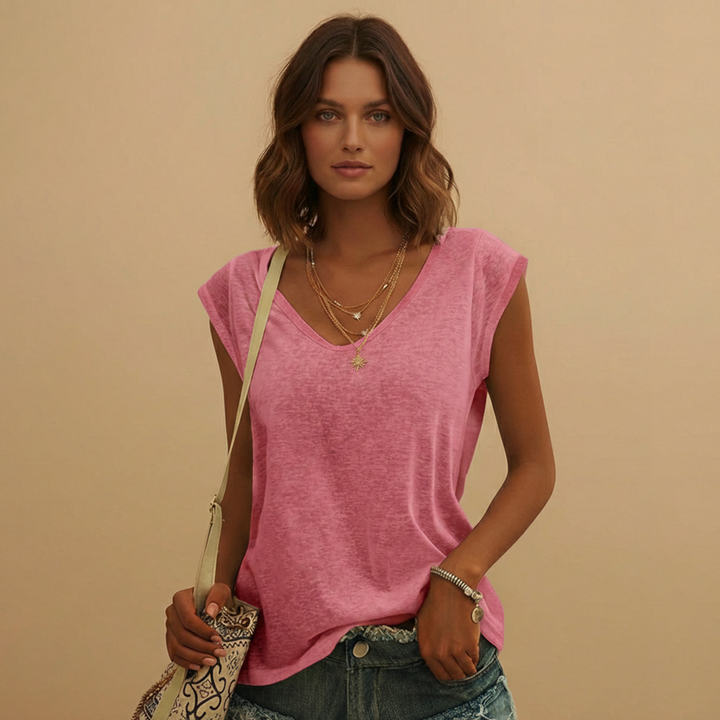 V Neck Cap Sleeve Relaxed Fit Linen Sleeveless Top