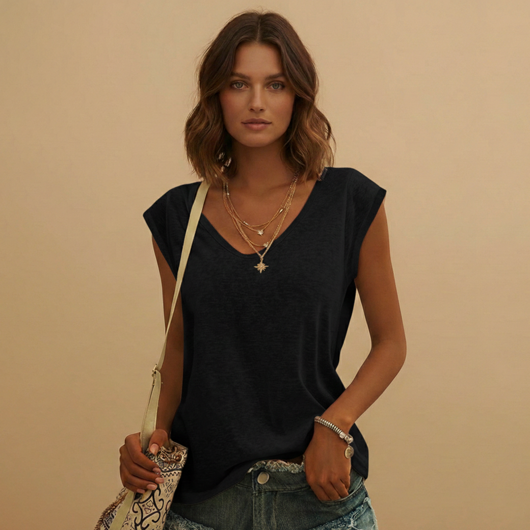 V Neck Cap Sleeve Relaxed Fit Linen Sleeveless Top