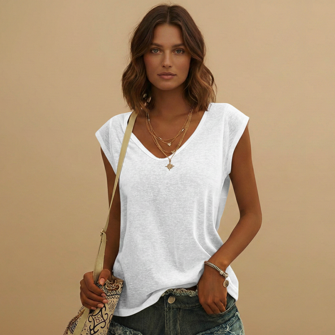 V Neck Cap Sleeve Relaxed Fit Linen Sleeveless Top