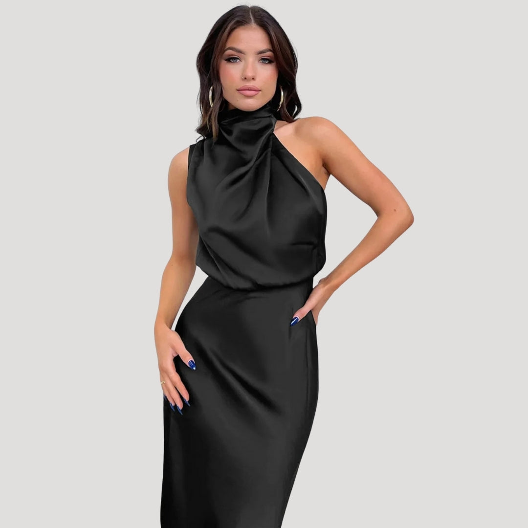 Satin High Neck Halter Homecoming Maxi Dress