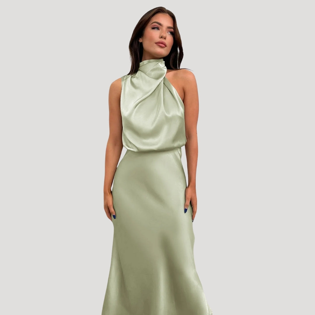 Satin High Neck Halter Homecoming Maxi Dress