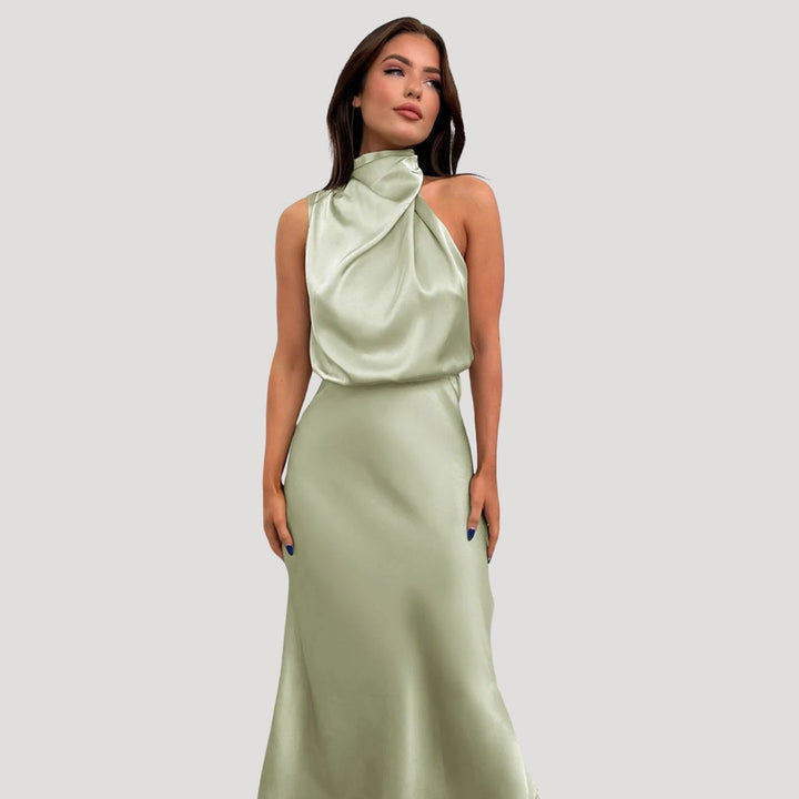 Satin High Neck Halter Homecoming Maxi Dress