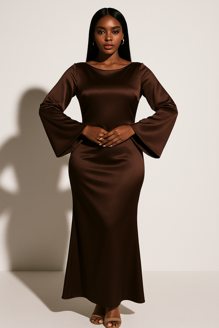 Satin Long Sleeve Scoop Neck Fishtail Maxi Dress - Formal Evening Gown