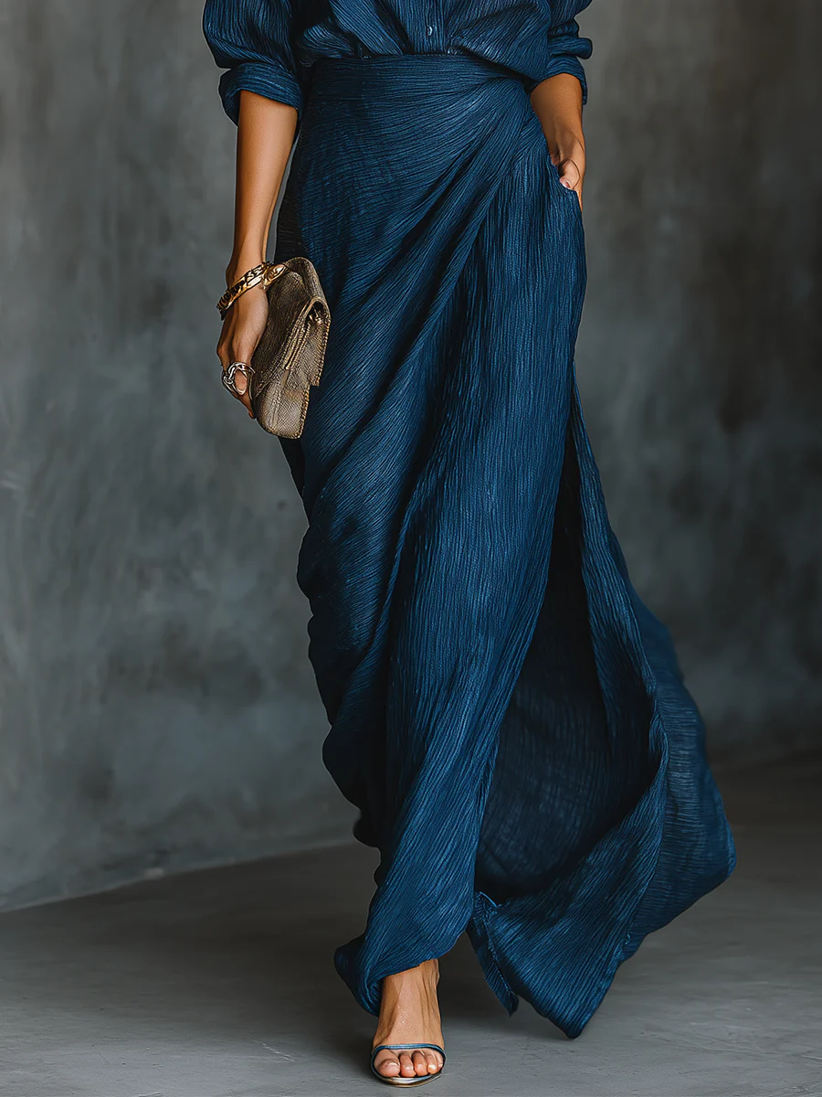 Crinkle Texture Shirt and Draped Wrap Maxi Skirt Two Piece Set