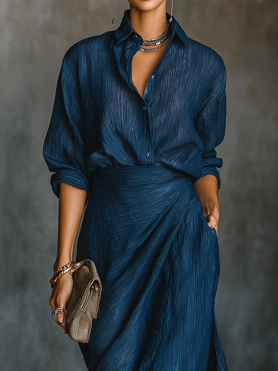 Crinkle Texture Shirt and Draped Wrap Maxi Skirt Two Piece Set