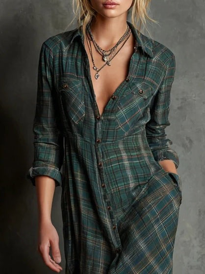 LuLu™ - Long plaid shirt dress with lapels