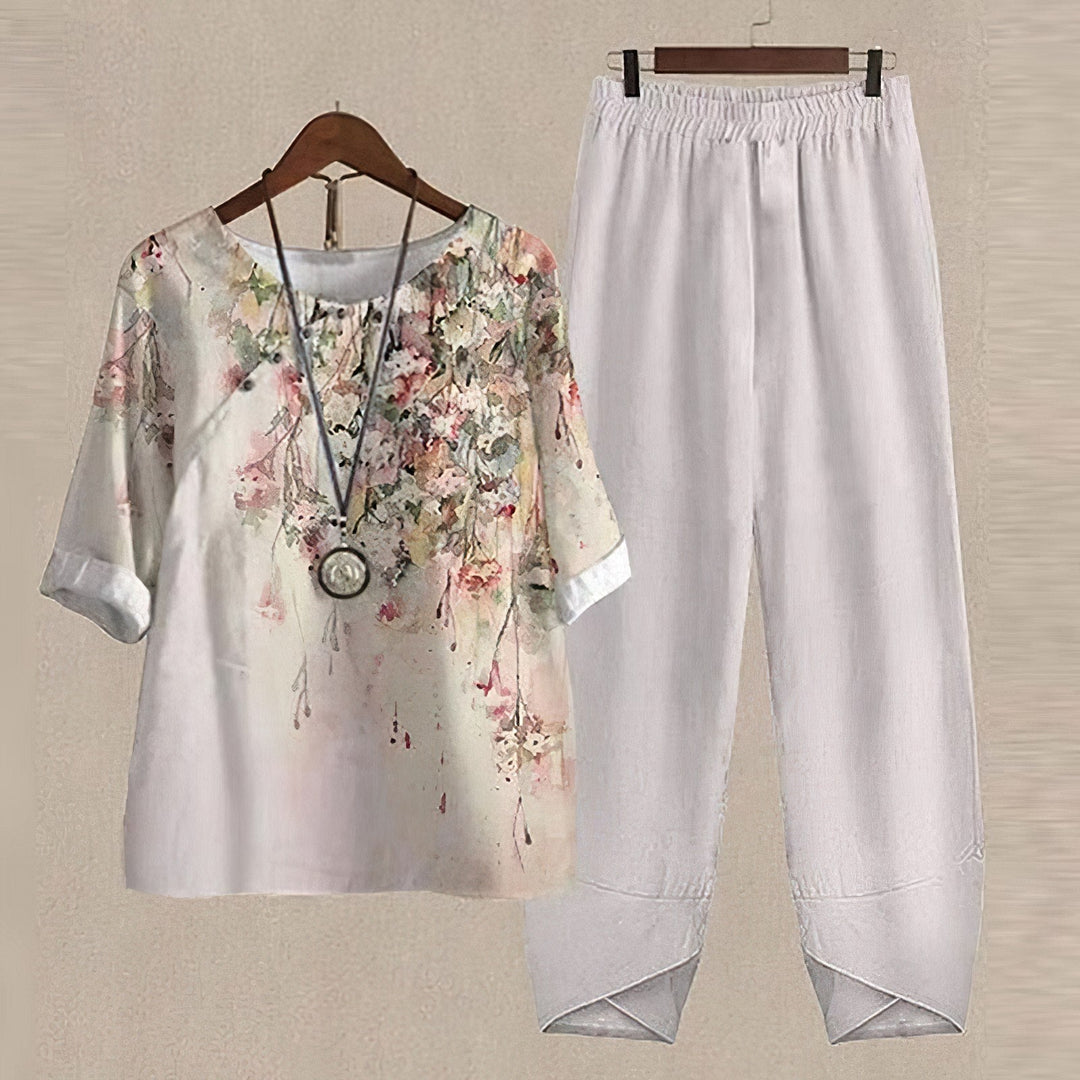 Botanical Print Wide Leg Two Piece Set for Casual Style