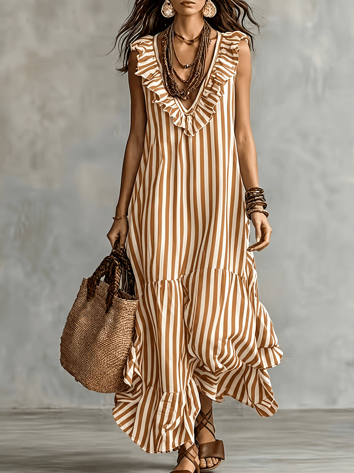 Striped Ruffled V Neck Boho Maxi Dress for Vacation