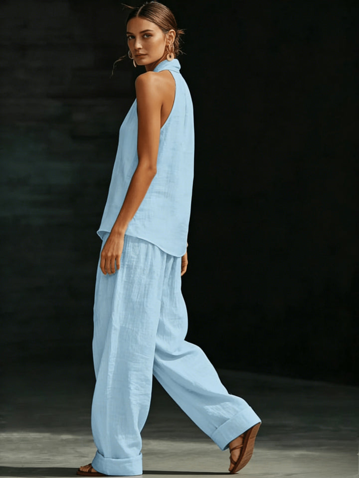 Linen Halter V Neck Backless Top and Wide Leg Pants Set