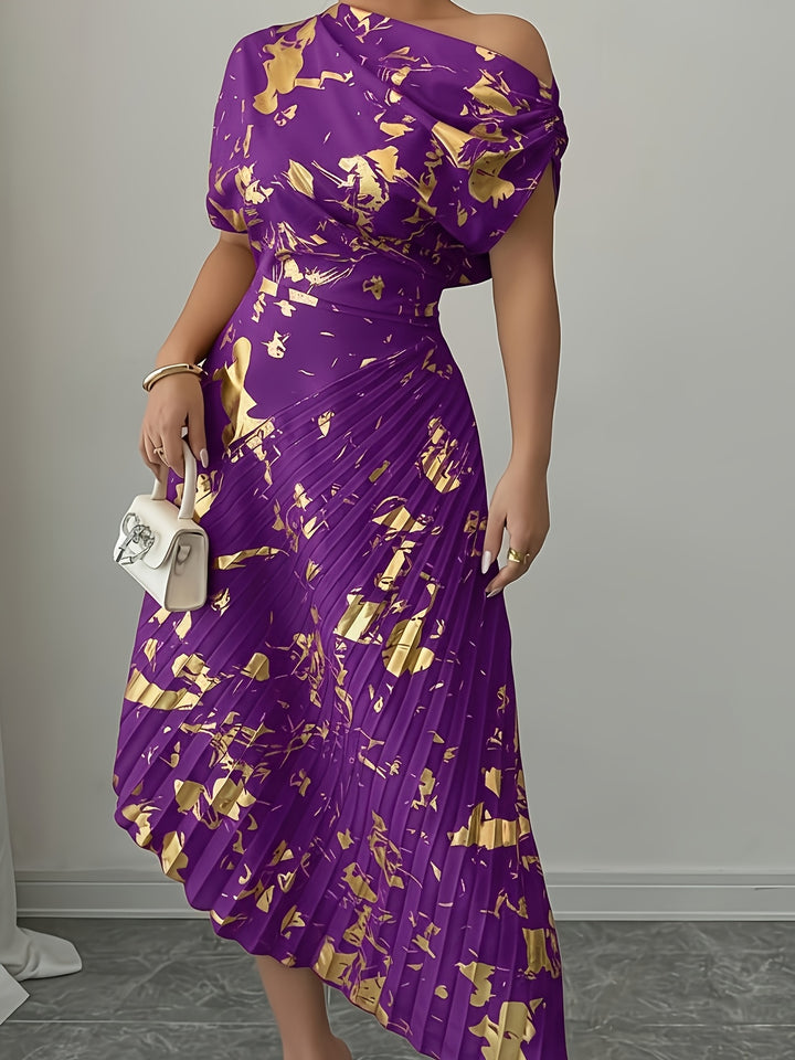 Draped One Shoulder Pleated Skirt Midi Dress - Wedding Guest
