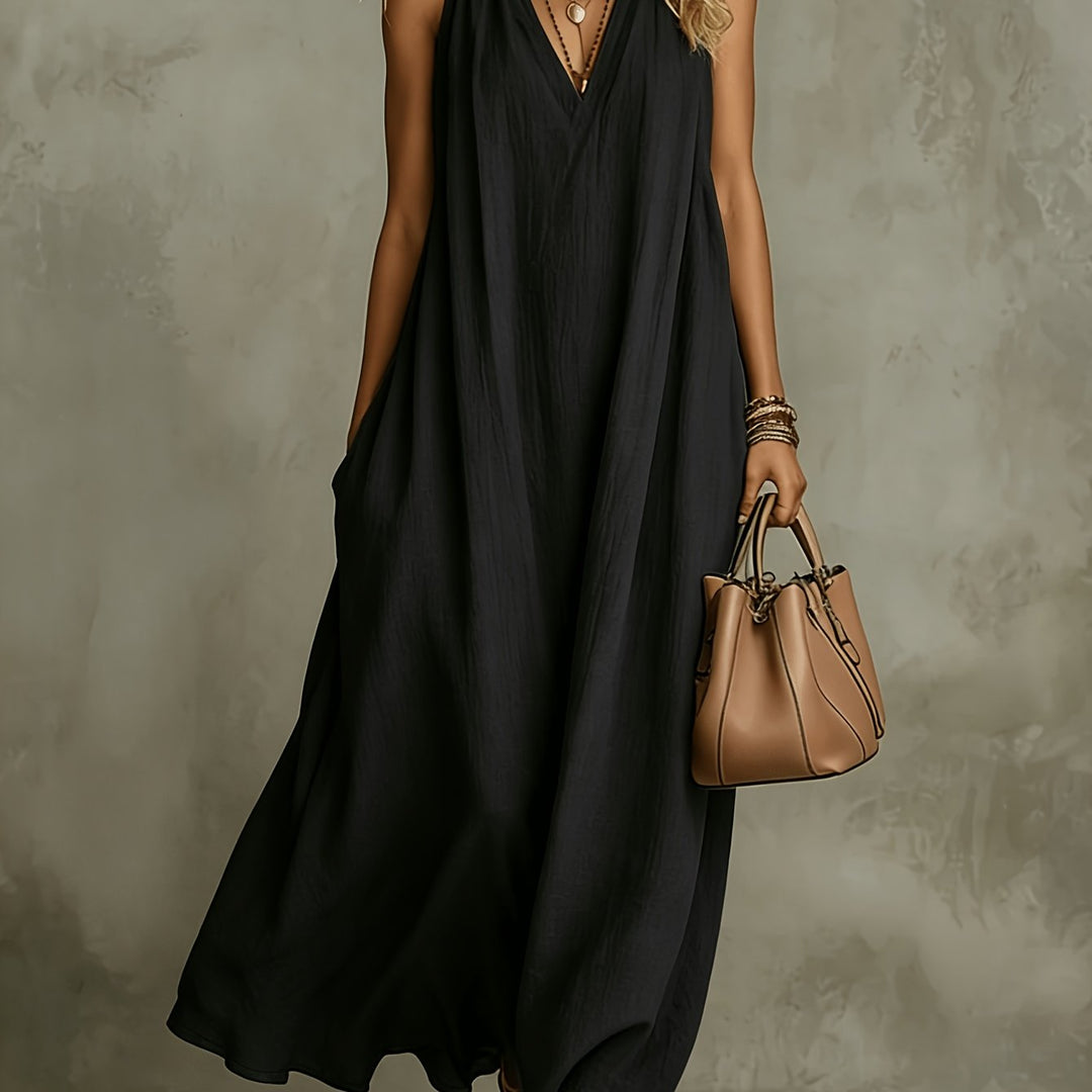 Linen Flowy V Neck Draped Casual Maxi Dress for Vacation