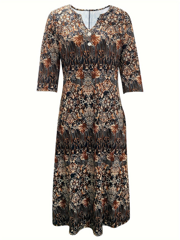 Venitia™-Vintage Floral Print Midi Dress