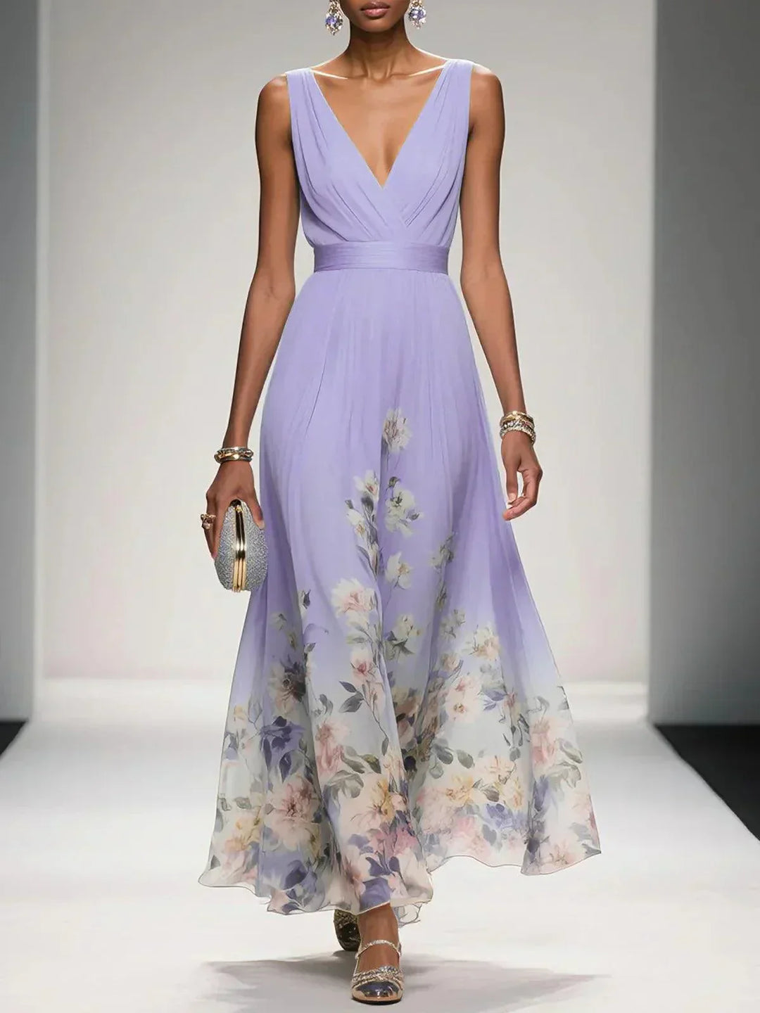 Floral Border Print Deep V Neck Ruched Chiffon Maxi Dress - Wedding Guest