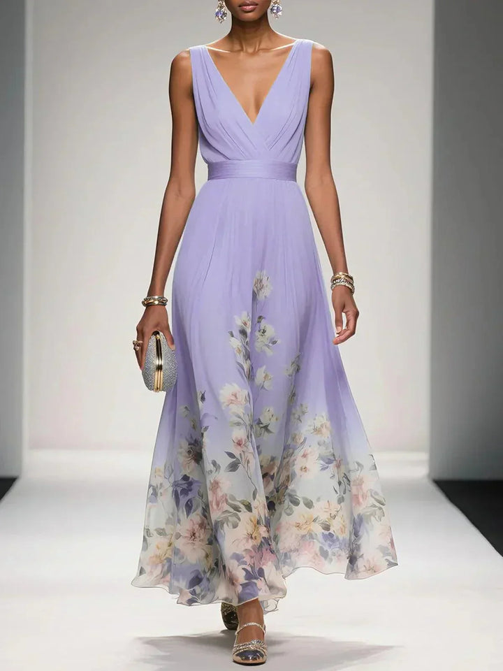 Floral Border Print Deep V Neck Ruched Chiffon Maxi Dress - Wedding Guest