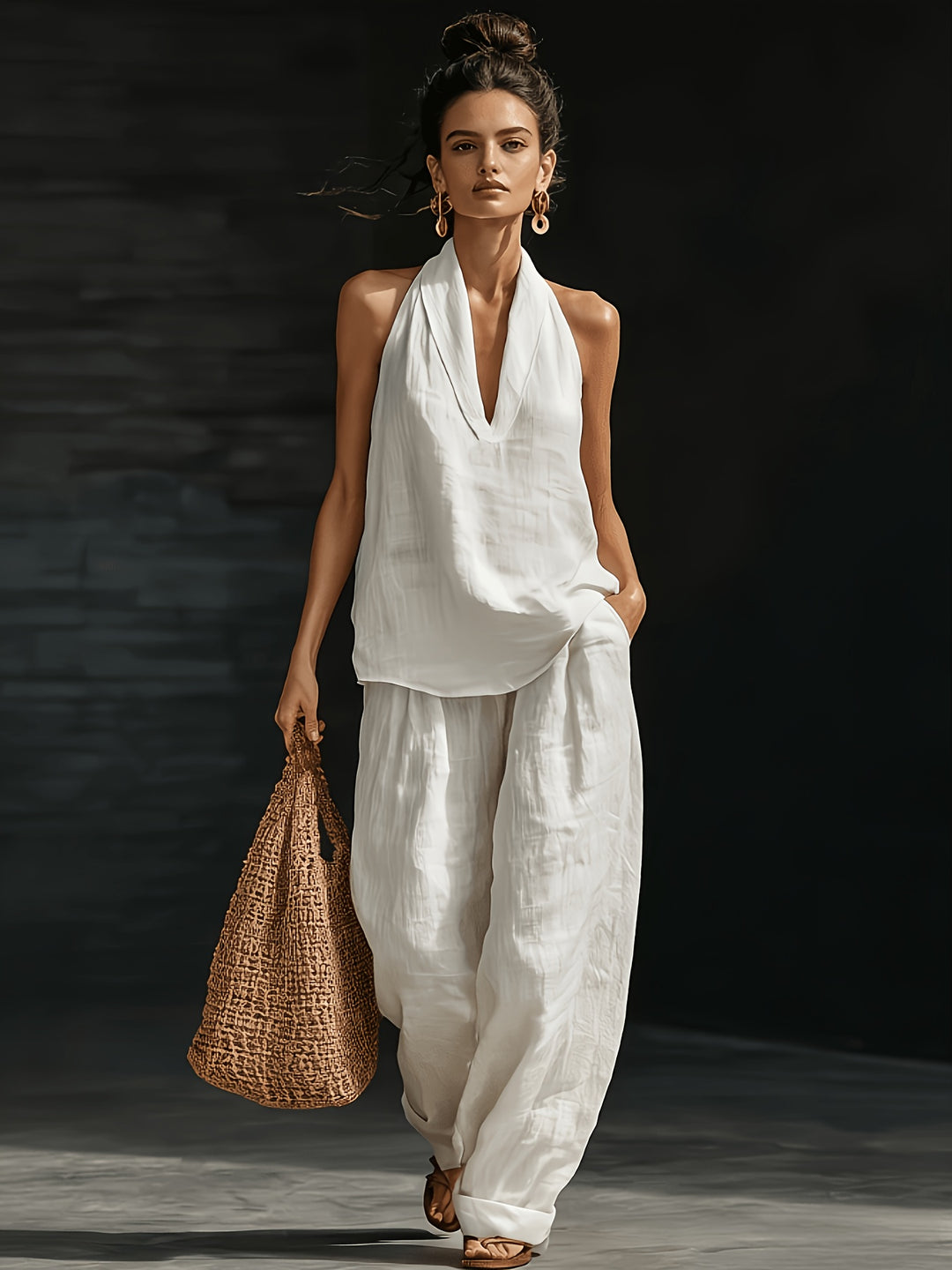 Linen Halter V Neck Backless Top and Wide Leg Pants Set