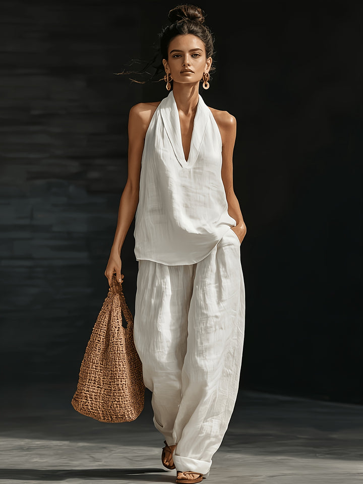 Linen Halter V Neck Backless Top and Wide Leg Pants Set