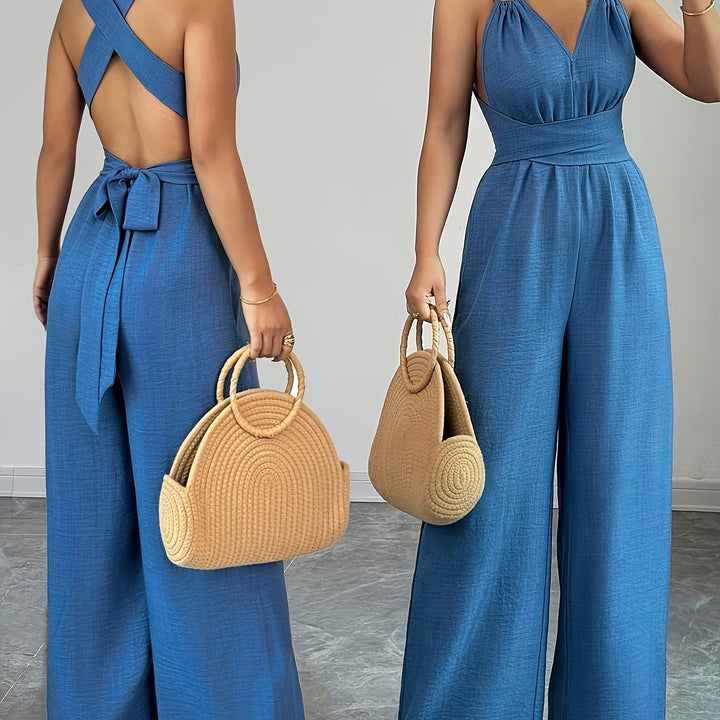 Linen Halter V Neck Ruched Wide Leg Elegant Jumpsuit