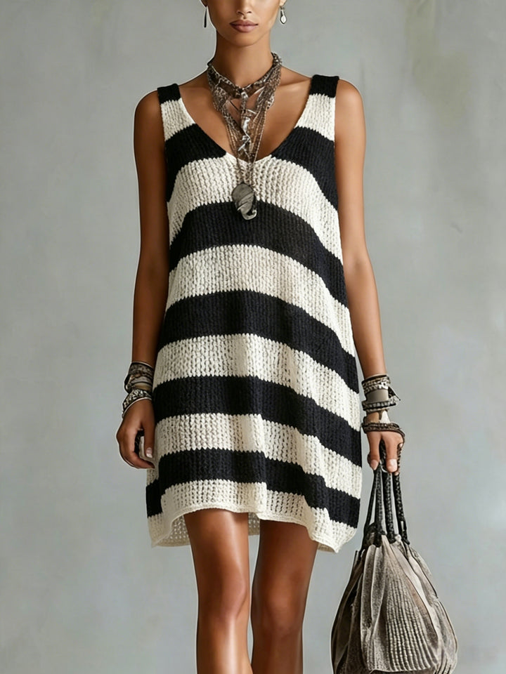 Striped V Neck Knit Casual Mini Dress for Vacation