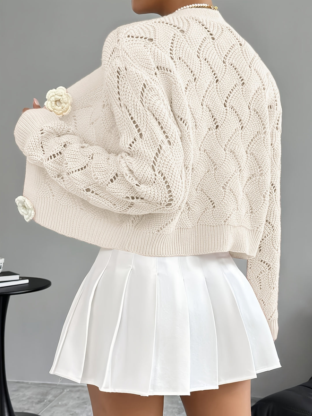 Celeste | Women's Crochet Knit Cardigan with 3D Floral Buttons