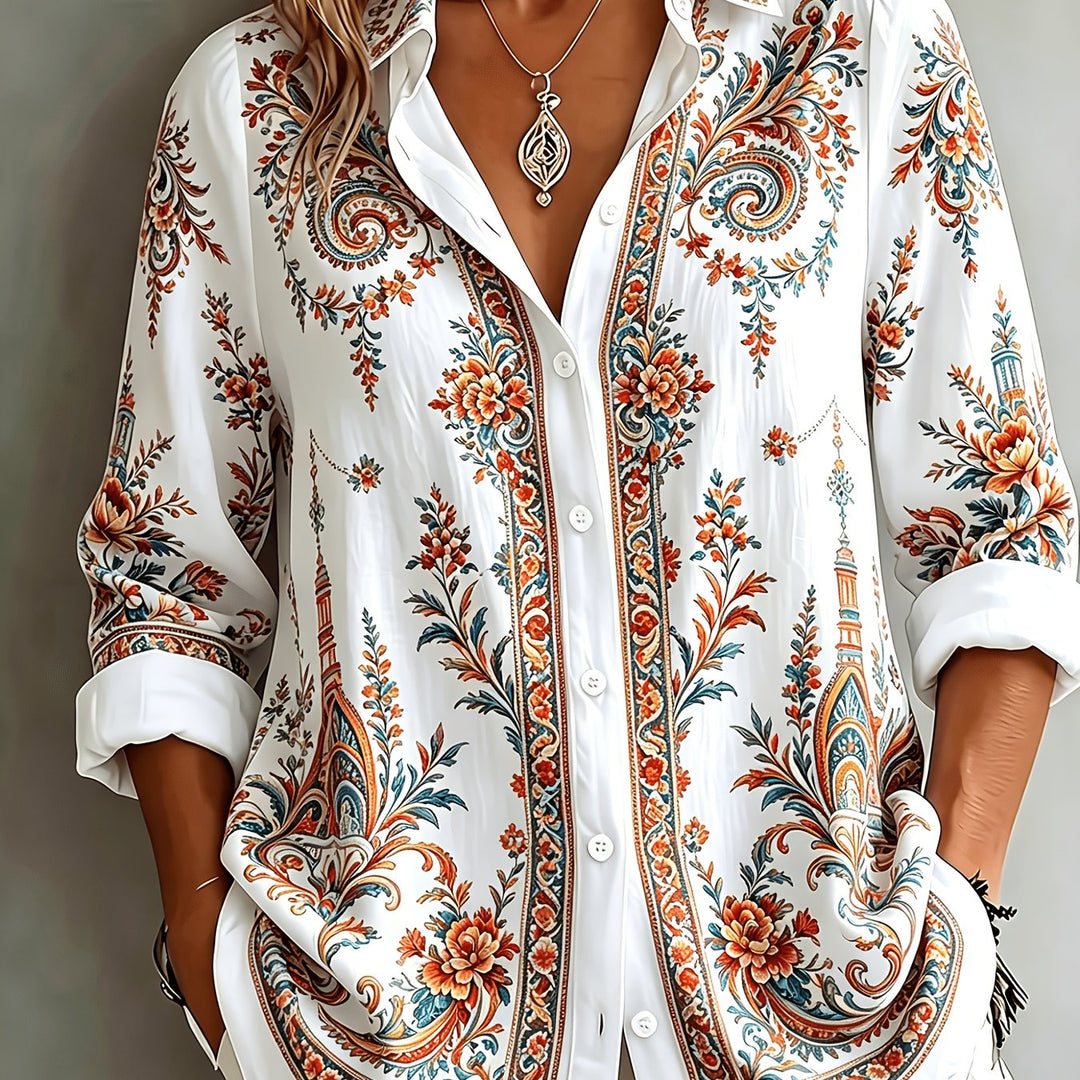 Floral Paisley Print Long Sleeve Oversized Casual Blouse