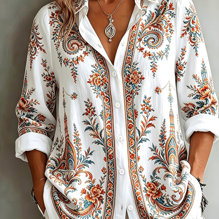 Floral Paisley Print Long Sleeve Oversized Casual Blouse