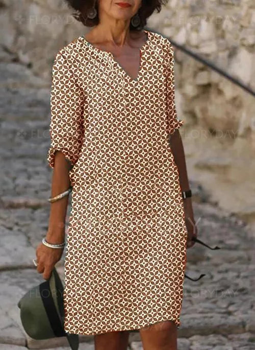 Geometric Print Notch Neck 3/4 Sleeve Casual Midi Dress