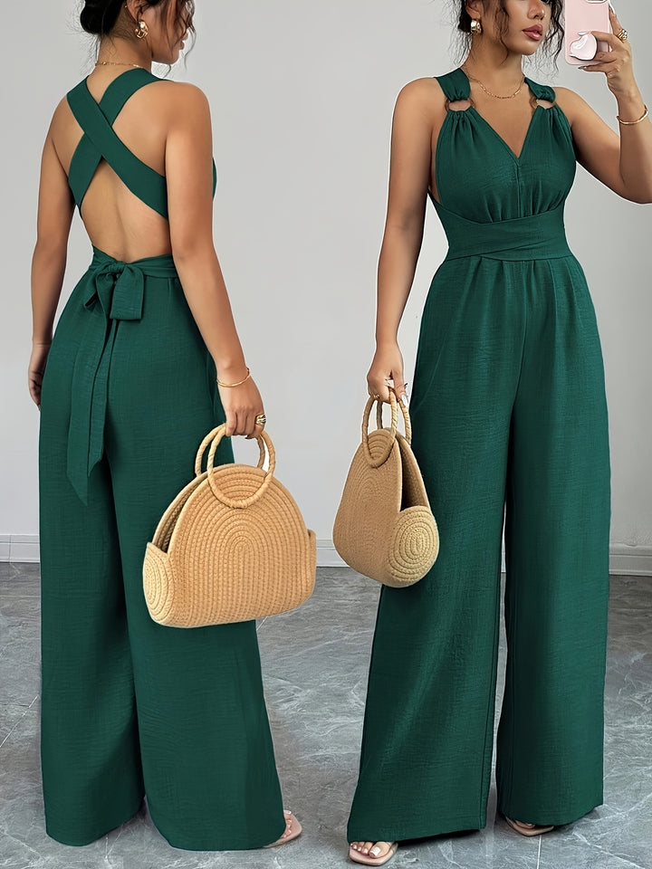 Linen Halter V Neck Ruched Wide Leg Elegant Jumpsuit