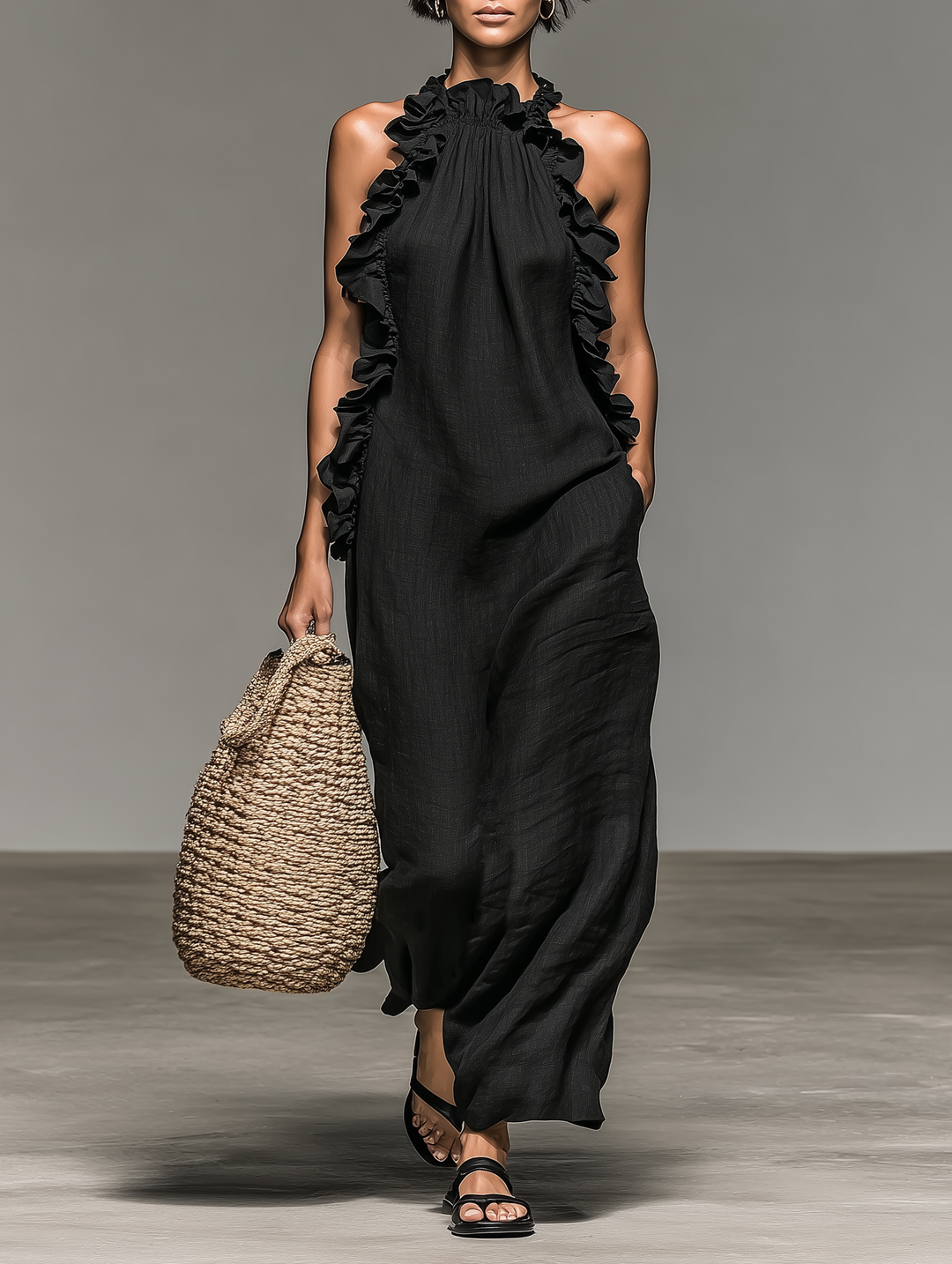 Ruffle Trim Halter Neck Sleeveless Linen Maxi Dress