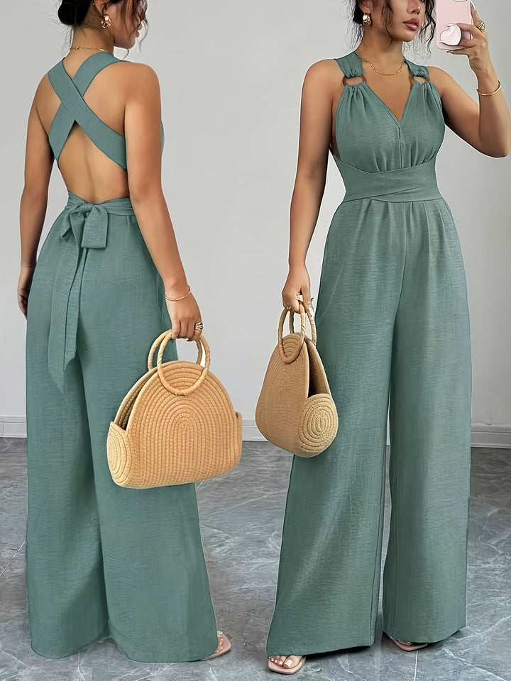 Linen Halter V Neck Ruched Wide Leg Elegant Jumpsuit