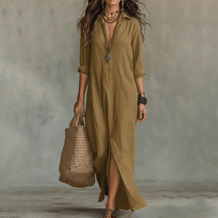 Linen Collared Button Split Hem Casual Maxi Dress