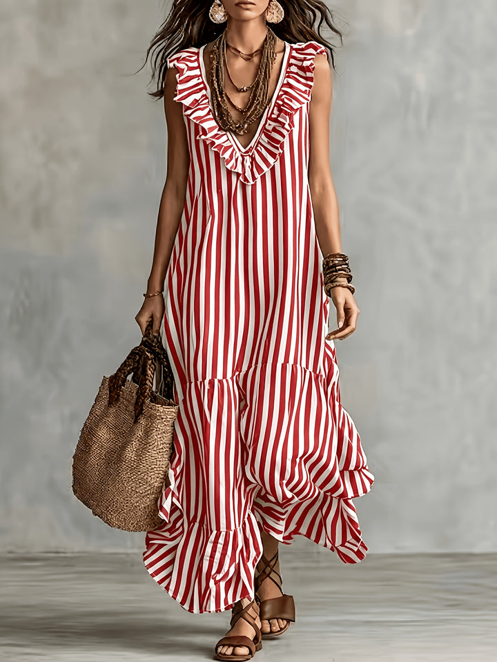 Striped Ruffled V Neck Boho Maxi Dress for Vacation