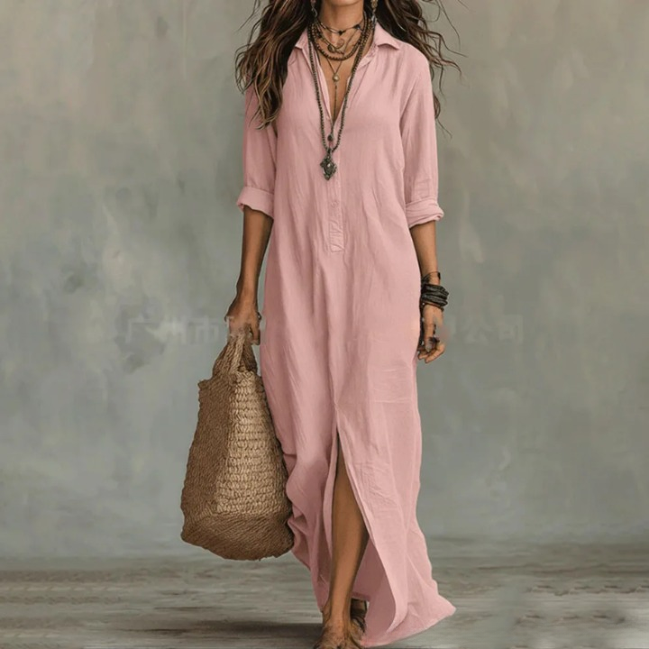 Linen Collared Button Split Hem Casual Maxi Dress