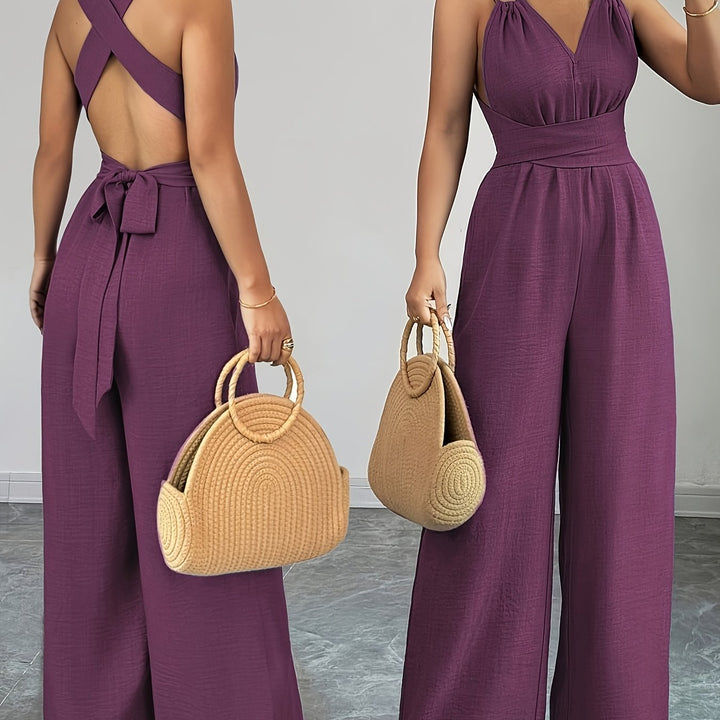 Linen Halter V Neck Ruched Wide Leg Elegant Jumpsuit